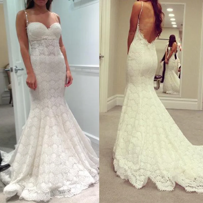 Bohemian women's dressesLong Wedding Dress, Spaghetti Straps Wedding Dress, Lace Wedding Dress, Sexy Bridal Dress, Mermaid Wedding Dress, Backless Wedding Dress, LB0680