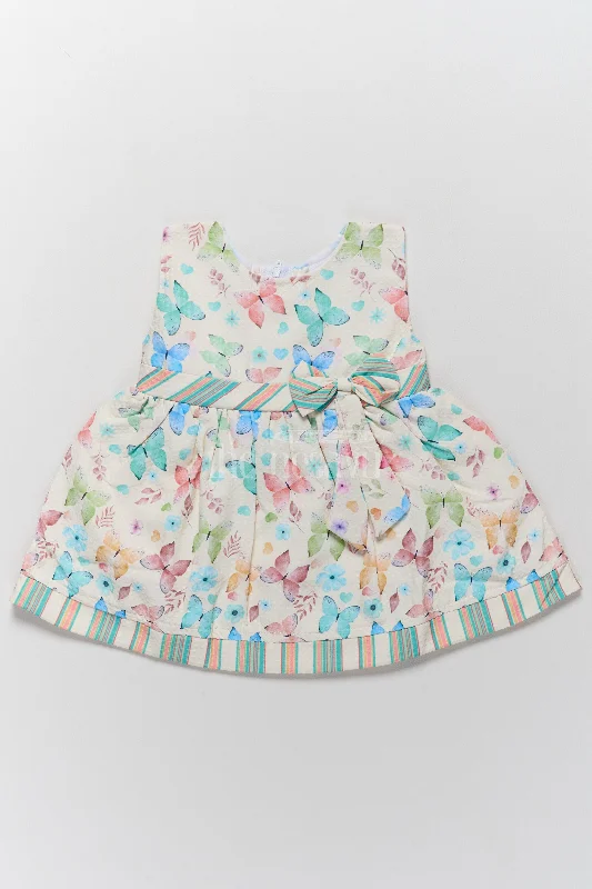Designer dresses for high-end fashionBaby Polysilk Cotton Frock Dress with Butterfly Prints and Striped Bow Accent