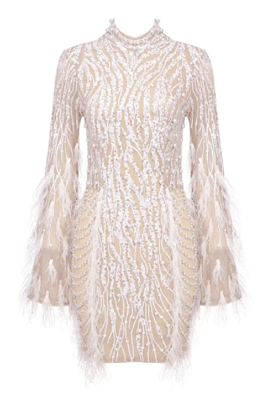 Bell sleeve dresses for womenLavish Feather Beaded Mock Neck Sheer Mesh Sequin Party Mini Dress
