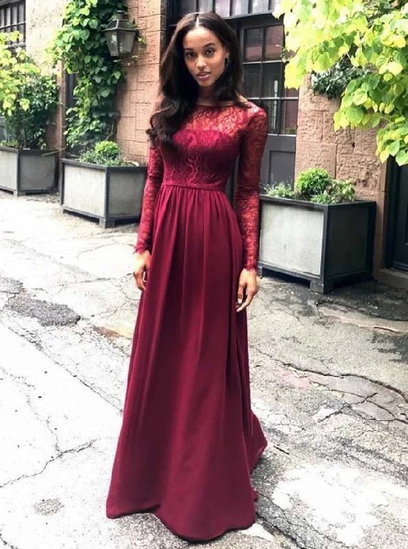 Women's casual dressesElegant Lace Long Sleeves Round Neck Chiffon Long Bridesmaid Dress OB124