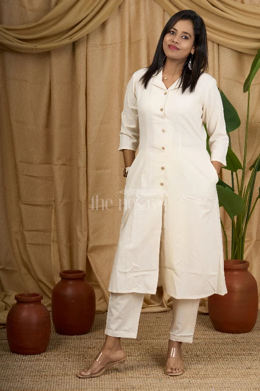 Plunging neckline dresses for womenCream Cotton Kurta Co-Ord Set for Women with Wooden Buttons