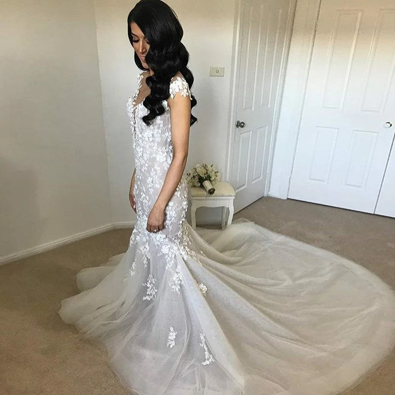 Velvet dresses for winterCap Sleeve Sexy Mermaid Organza Wedding Dress, Backless Applique Luxury Wedding Dress, LB0792