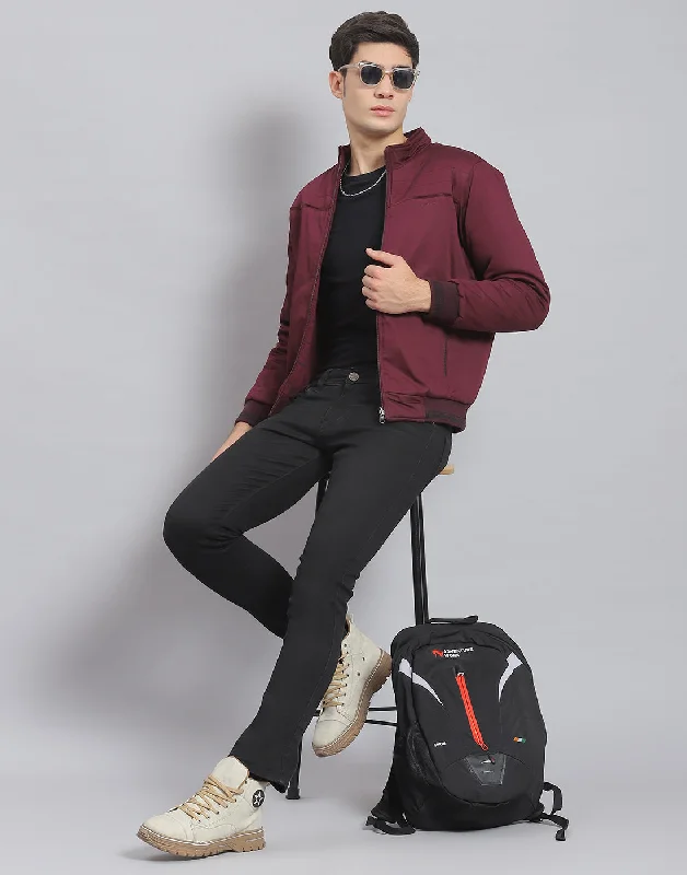 men's tailored jacketsMen Maroon Solid Stand Collar Full Sleeve Jacket