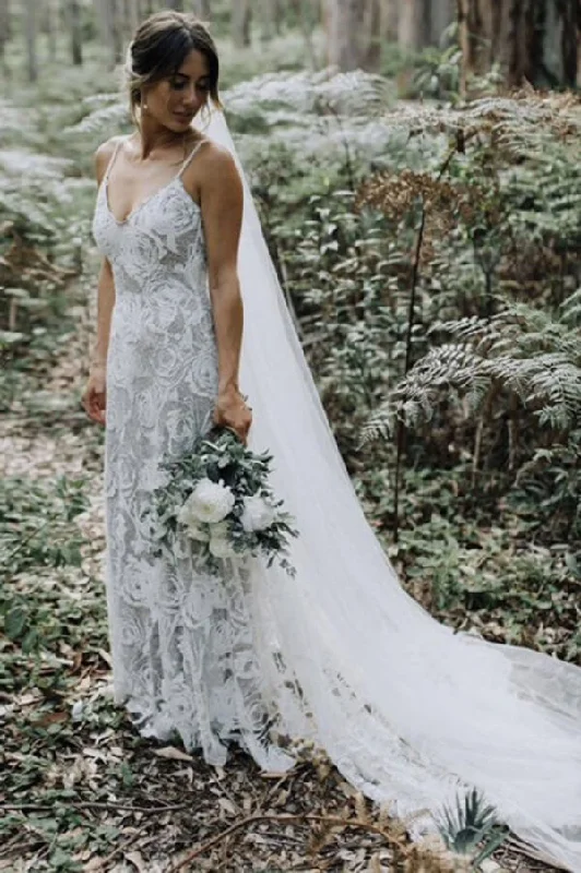 Petite dresses for womenRoycebridal Lace Sheath Backless Spaghetti Straps Beach Wedding Dress, Wedding Gown, MW657