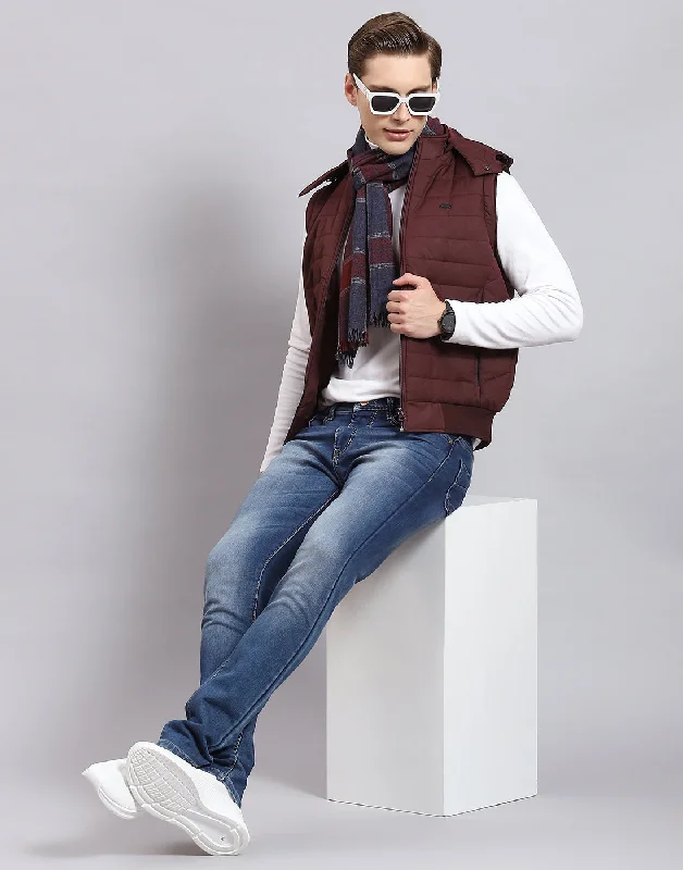 men's reversible bomber jacketsMen Maroon Printed Hooded Sleeveless Jacket