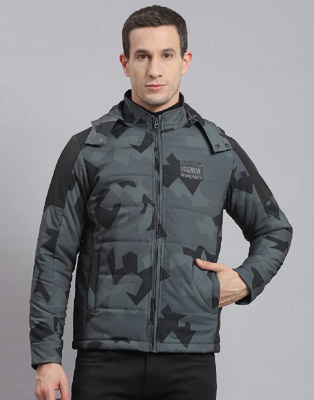 men's trench coatsMen Grey Printed Hooded Full Sleeve Jacket