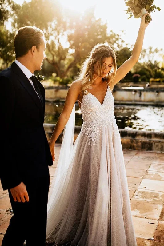 Tight-fitting dresses for womenRoycebridal Tulle Open Back Spaghetti Straps Wedding Dresses Romantic Bridal Dresses,MW502