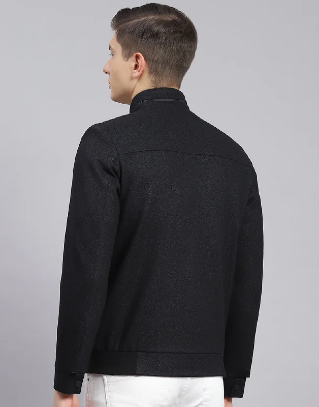 men's leather jackets with quilted liningMen Black Self Design Stand Collar Full Sleeve Jacket