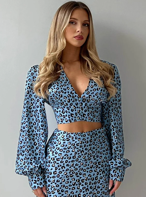 Sheer women's topsGlamorous Blue Leopard Print V-Neck Button Front Blouse