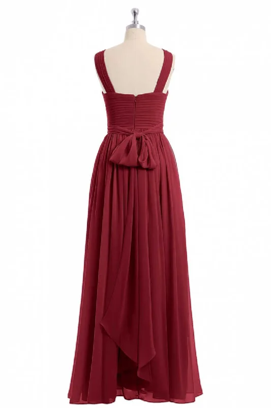Plunging neckline dresses for womenRed Chiffon Cross-Front A-Line Long Bridesmaid Dress