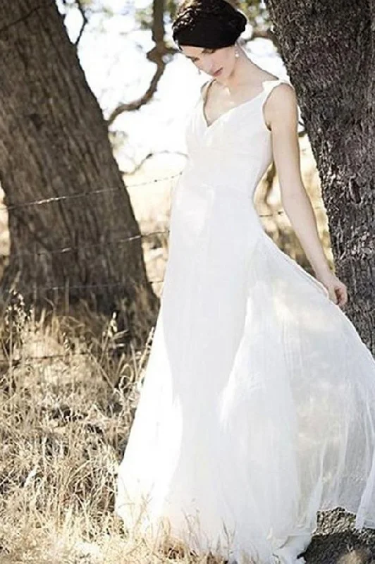Bridal dresses for womenRoycebridal Simple Chiffon Ivory A-line V-neck Floor Length Beach Wedding Dresses, MW172