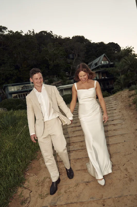 Strapless dresses for womenSimple Elegant Sheath Strap White Satin Long Sweep Wedding Dress SH2249