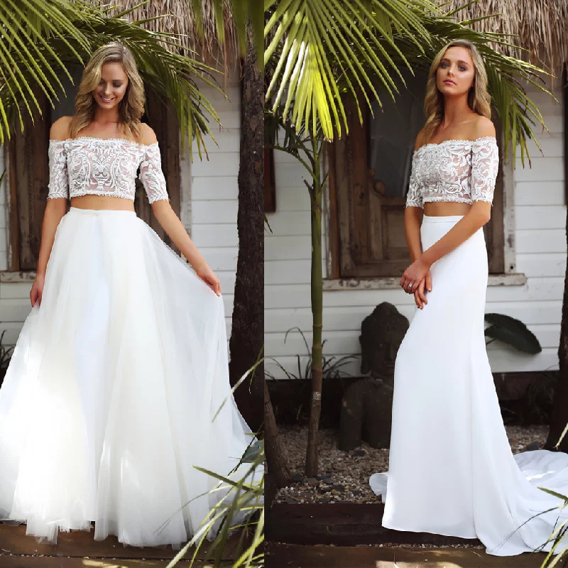 Transitional dresses for in-between seasonsLong Wedding Dress, Detachable Wedding Dress, Off Shoulder Wedding Dress, Short Sleeve Bridal Dress, Tulle Wedding Dress, Lace Wedding Dress, Two Pieces Wedding Dress, LB0720