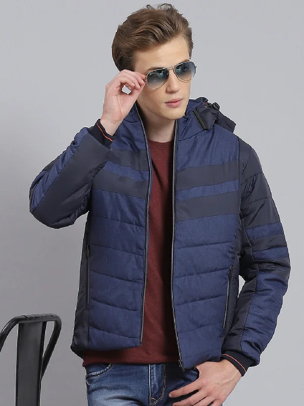 men's Chesterfield coats for formal dinnersMen Blue Solid Hooded Full Sleeve Jacket