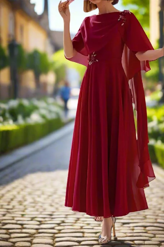 Long-sleeved dresses for womenElegant Burgundy A-Line Ankle Length Mother of the Bride Dress