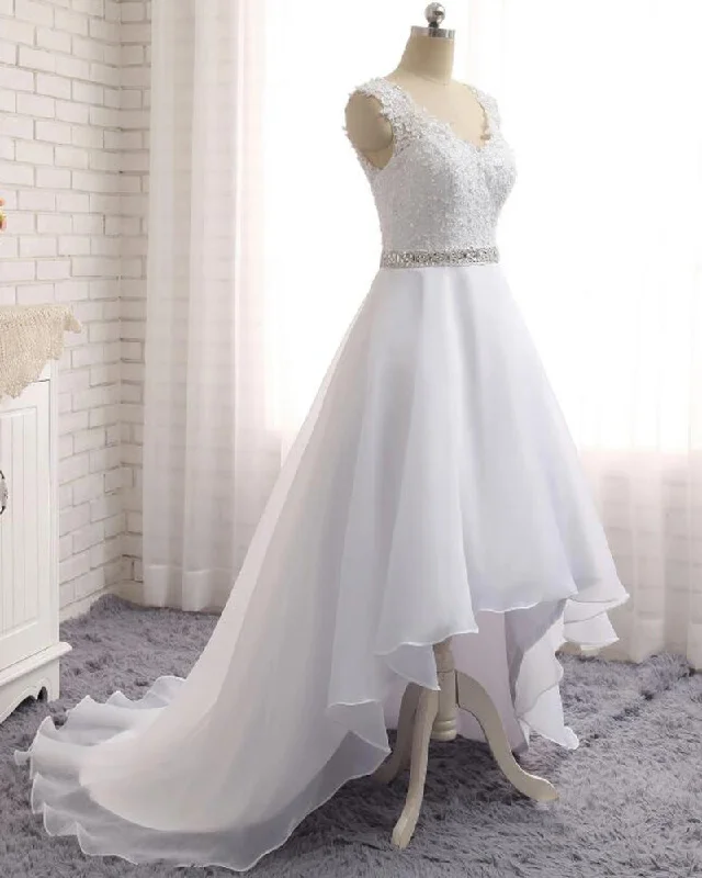 Plunging neckline dresses for womenHigh Low Wedding Dresses Lace Beach Bridal Gown PL547