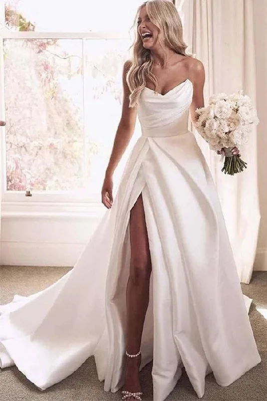 Ruched dresses for womenRoycebridal Ivory Satin A-line Strapless Court Train Wedding Dresses With Thigh Slit, MW674