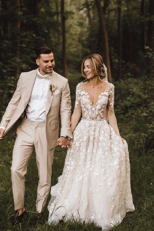 Floral dresses for womenRoycebridal Romantic Lace A-line V-neck Long Sleeves Wedding Dresses, Bridal Gown, MW681