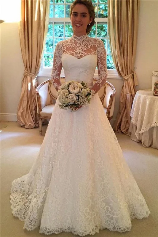 Autumn dresses for fall fashionRoycebridal High Neckline Lace A line Long Sleeve Open Back Wedding Dress, Bridal Dresses, MW166