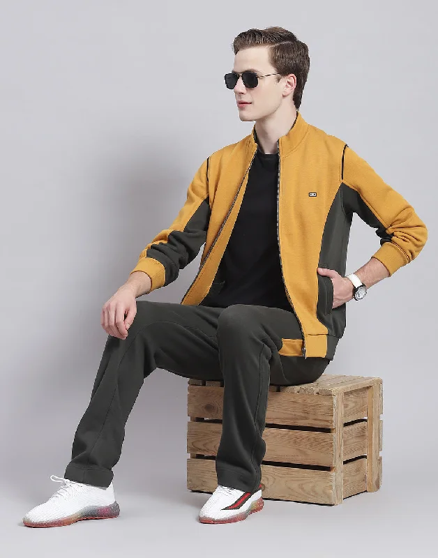 men's sleeveless sports shirtsMen Mustard Solid Stand Collar Full Sleeve Tracksuit