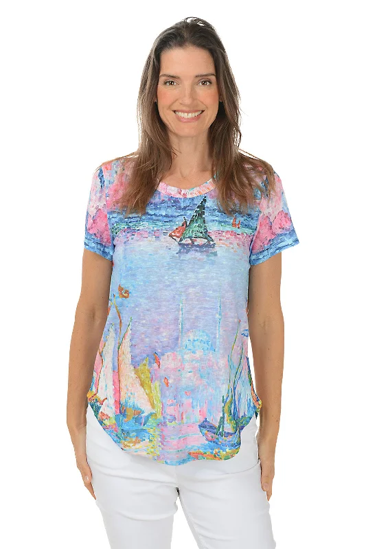 Workwear women's topsSailboat Scene Slub Knit Short Sleeve Top
