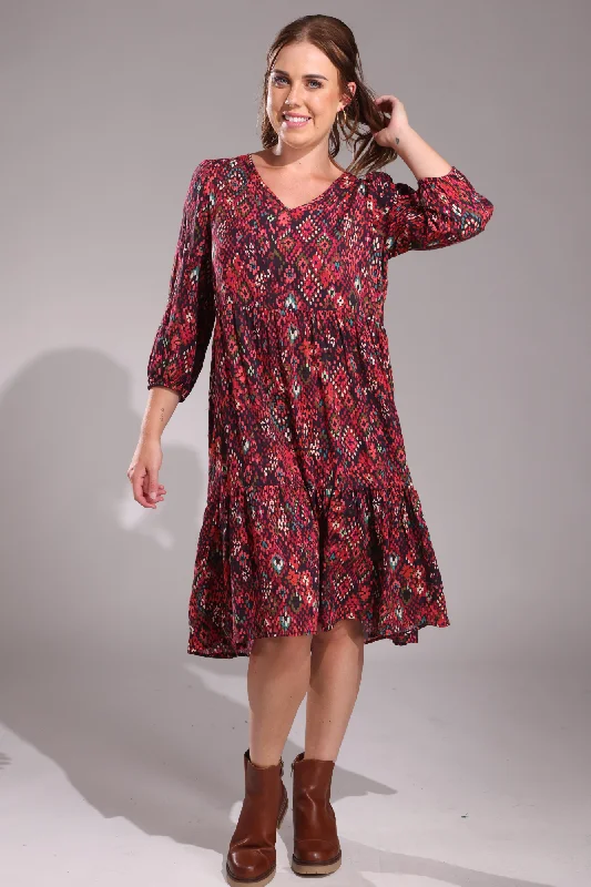 Cotton dresses for everyday wearV neck Cotton Rayon Dress | Berry Mosaic | 6543ZZ