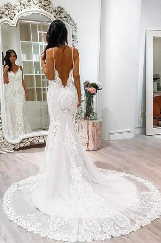 Satin dresses for womenRoycebridal Gorgeous White Spaghetti Straps Lace Tulle Mermaid Court Train Wedding Dresses, MW239