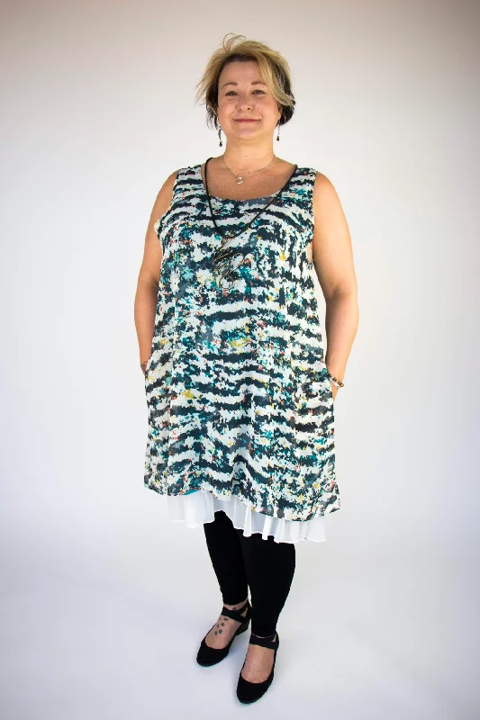 Embellished women's topsTeal Navy Mix Pattern Chiffon LA Tunic Dress