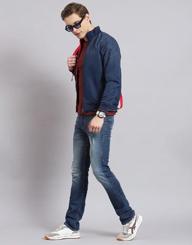men's car coats for a sleek and sophisticated appearanceMen Navy Blue Printed Stand Collar Full Sleeve Jacket