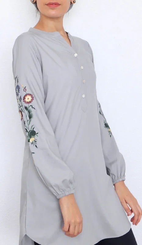 Floral dresses for womenZafira Embroidered Mostly Cotton Modest Tunic - Pewter