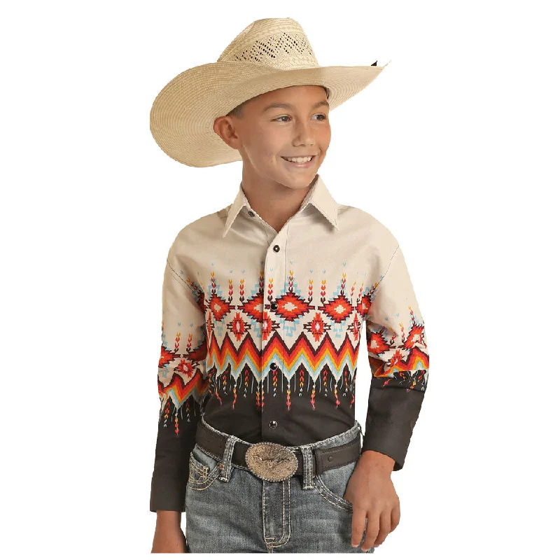 Peter Pan collar women's topsSBN2S03219 Panhandle Boys Long Sleeve Border Print Snap Shirt - Black & Cream
