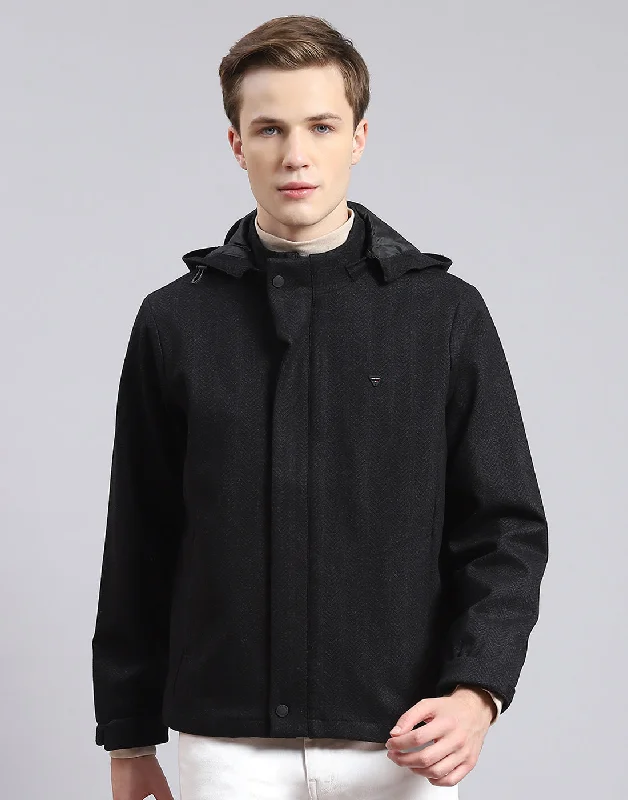 men's sports jackets for weddingsMen Black Solid Hooded Full Sleeve Jacket