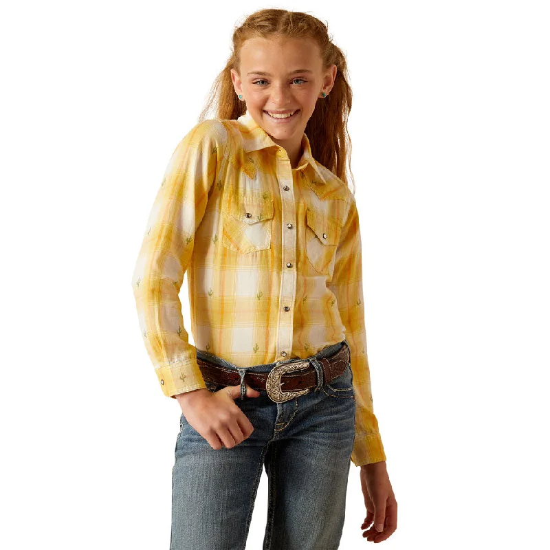 Checkered women's tops10048597 Ariat Girls' Glenrock Long Sleeve Snap Shirt - Cactus Dobby