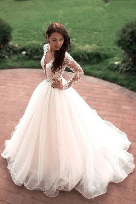 Cap sleeve dresses for womenRoycebridal Ivory Tulle Boho Princess A-line V-neck Long Sleeves Wedding Dresses, MW669