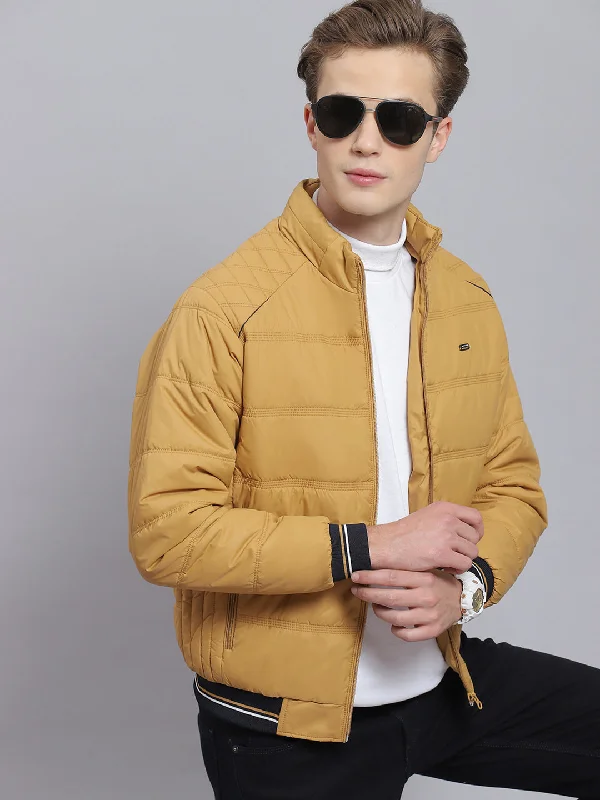 men's waterproof parkasMen Brown Solid Stand Collar Full Sleeve Jacket