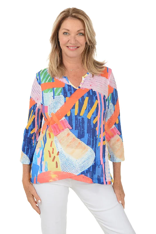 Bodycon women's topsAbstract Rays Henley Asymmetrical Hem Top