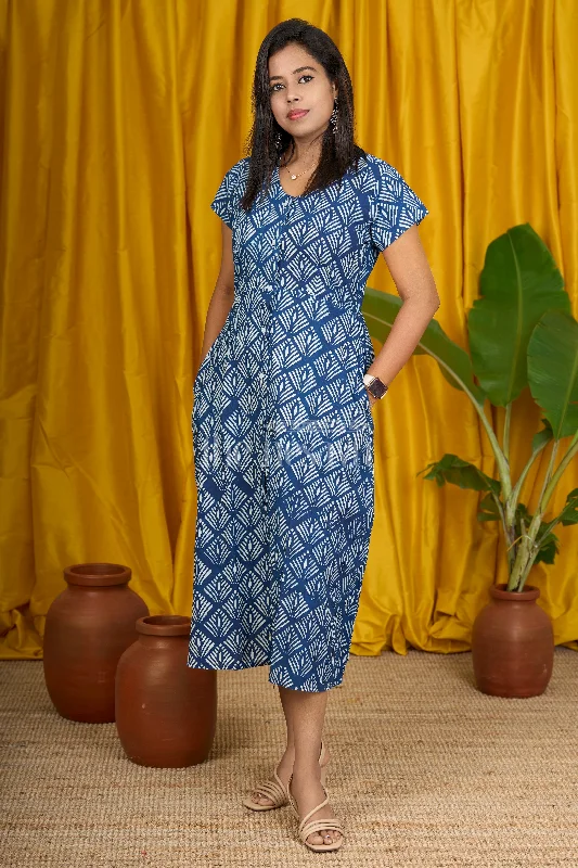 Smock dresses for womenBlue Indigo Cotton Printed Flared Kurtha for Women with Short Sleeves