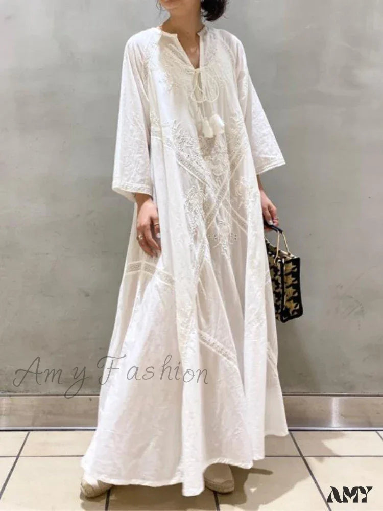 Sleeveless dresses for womenAmy Fashion - Cotton Linen Beach White V Neck Embroidered Boho Dress