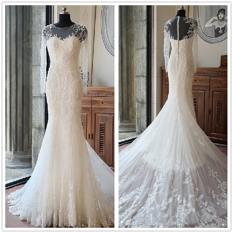 Beach dresses for casual outingsLong Wedding Dress, Applique Wedding Dress, Tulle Wedding Dress, Long Sleeve Bridal Dress, Beading Wedding Dress, Custom Made Wedding Dress, Vintage Wedding Dress, LB0760