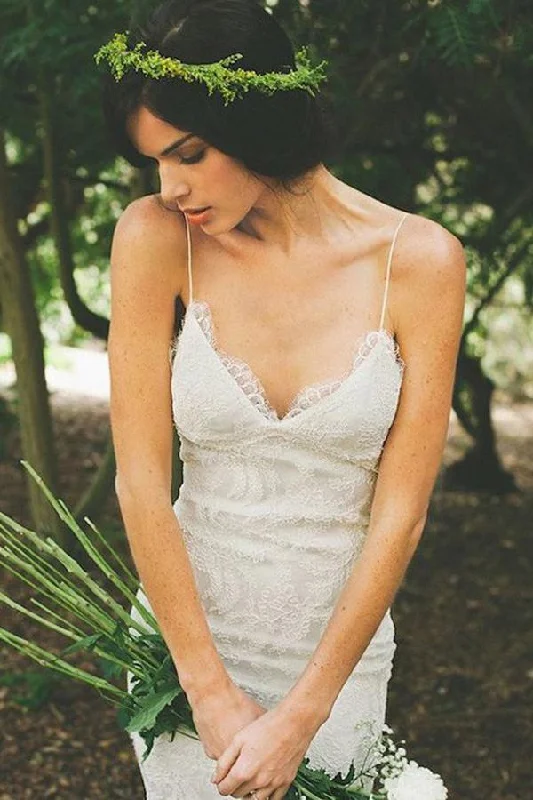 Women's casual dressesRoycebridal White V-neck Open Back Spaghetti Straps Wedding Dress with Sweep Train, MW231
