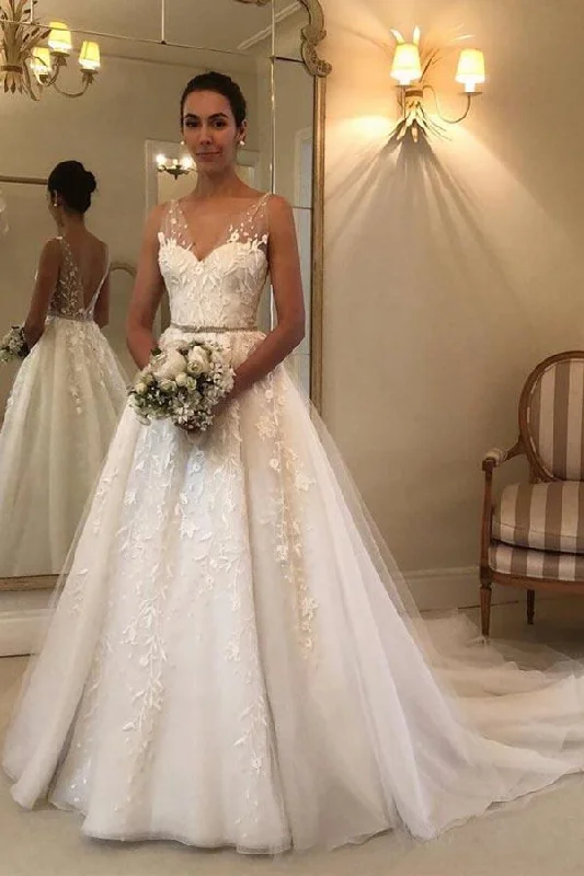 Spaghetti strap dresses for womenRoycebridal Backless Rustic V-Neck Lace Wedding Dresses Wedding Dress, MW287