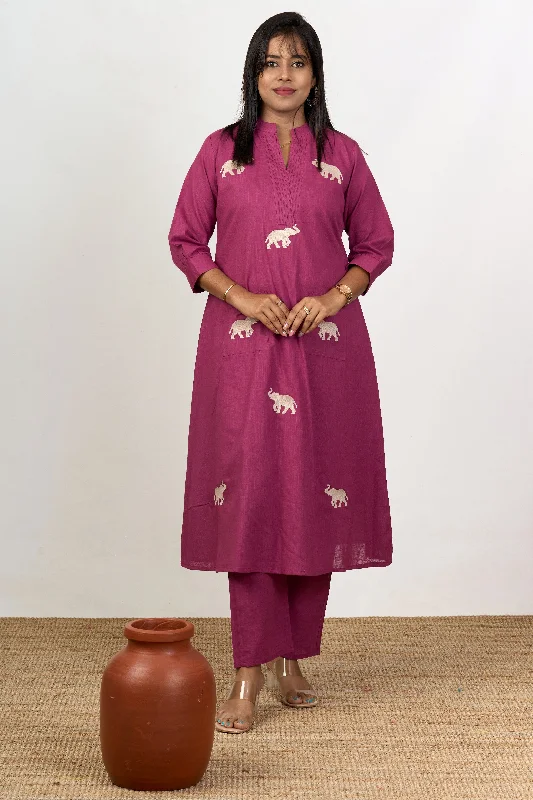 Halter dresses for womenGraceful Womens Purple Cotton Flared Kurta with Embroidered Elephant Motifs