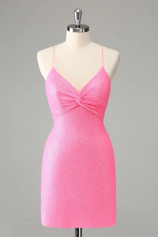 Designer dresses for high-end fashionPink Bodycon Spaghetti Straps Sequins Short Homecoming Dress with Lace-up Back