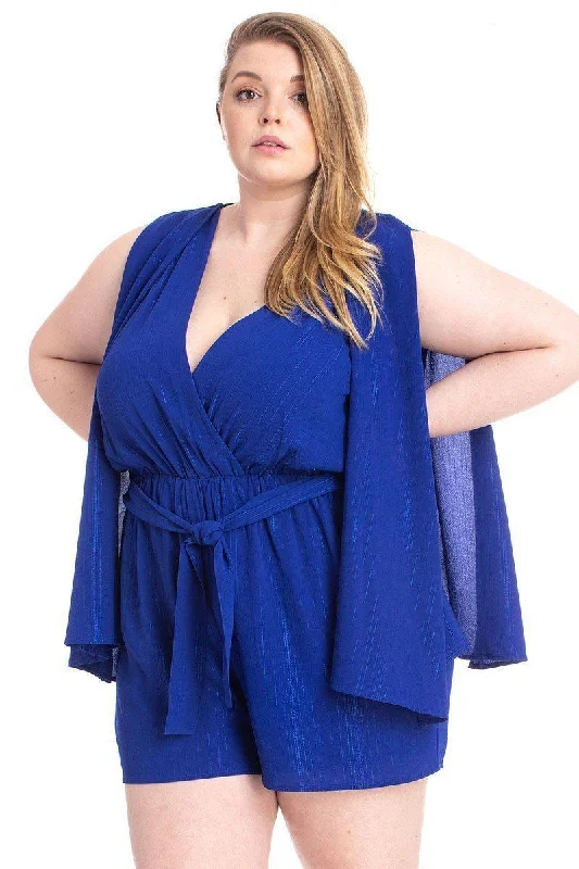 Embellished women's shortsShimmer Fabric Draped Open Sleeve Romper