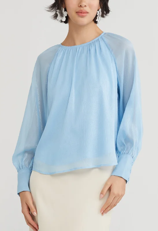 Easy-care women's topsGathered Round Neck Cuff Sleeve Blouse