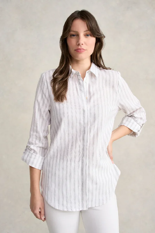 Summer women's topsStripe Side Button Shirt - Grey White Stripe