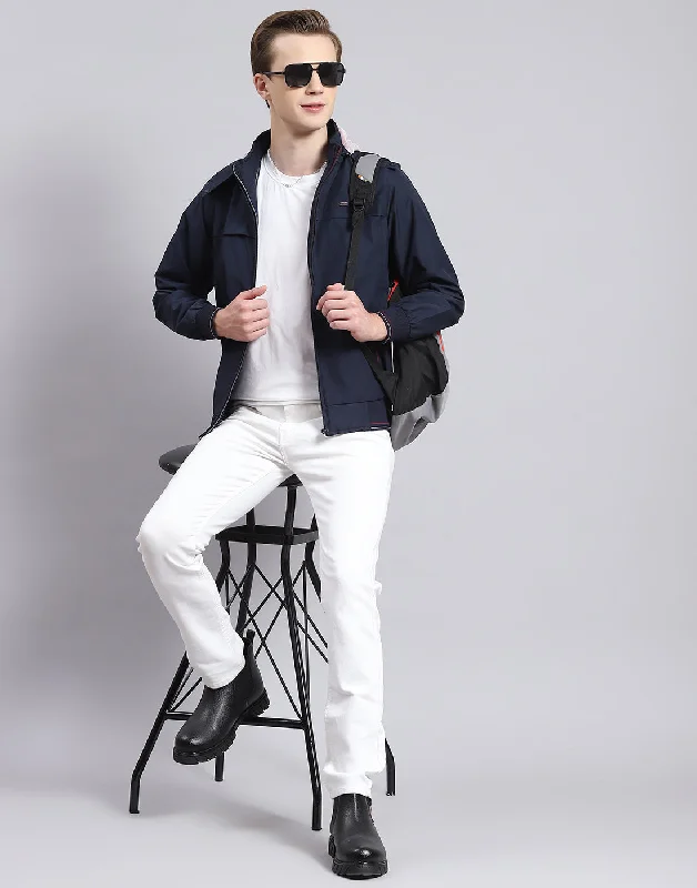 men's bomber jackets with fur collarMen Navy Blue Solid Hooded Full Sleeve Jacket