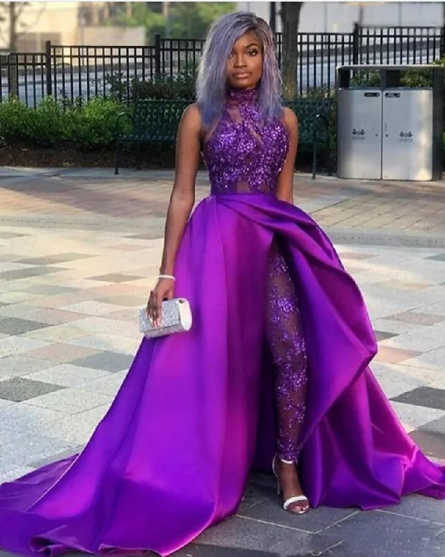 Autumn-inspired women's skirtsJumpsuits Prom Dresses With Detachable Train High Neck Lace Appliqued Bead Evening Gowns Luxury African Party Women Pant Suits