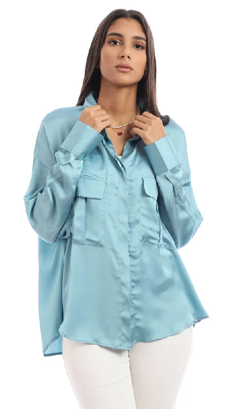 Vintage women's tops95303 Stain Full Sleeves Shirt With Chest Pockets - Dark Mint