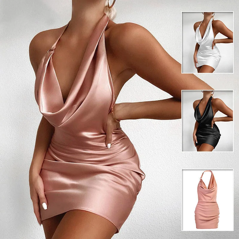 Festival dresses for music and arts eventsSatin Party Dress V Neck Backless Mini Sleeveless Summer Party Dress
